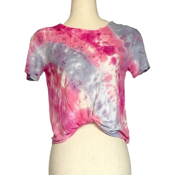 Pink Blue Tie Dye Tee XS Women Cropped Handmade Upcycled Y2K - Picture 1 of 9